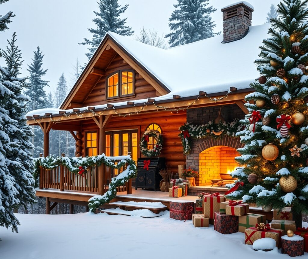 Cozy Winter Cabin with Holiday Decor – free AI stock image