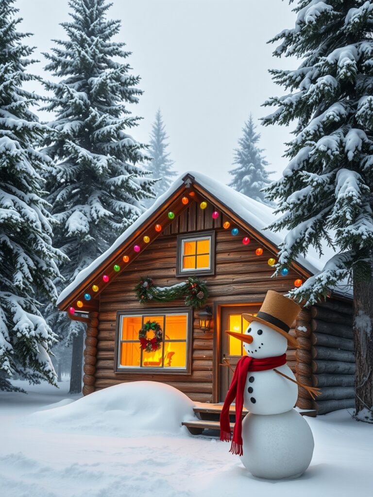 Cozy Winter Cabin with Holiday Decorations – free AI stock image