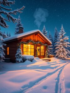 Cozy Winter Cabin with Holiday Decorations – free AI stock image