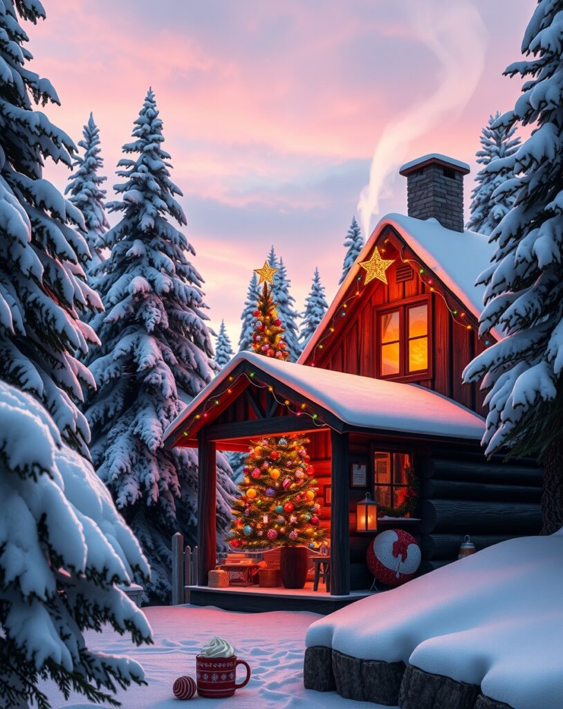Cozy Winter Cabin with Holiday Decorations – free AI stock image