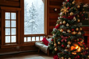 Cozy Winter Cabin with Holiday Decorations – free AI stock image