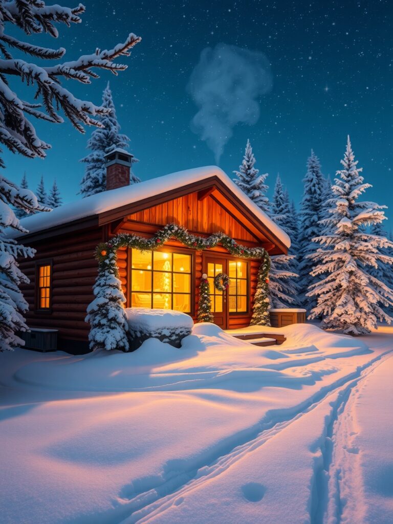 Cozy Winter Cabin with Holiday Decorations – free AI stock image