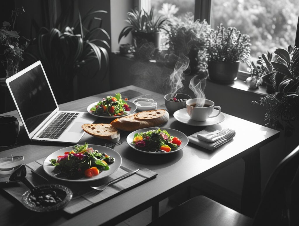 Cozy Workspace with a Gourmet Meal – free AI stock image