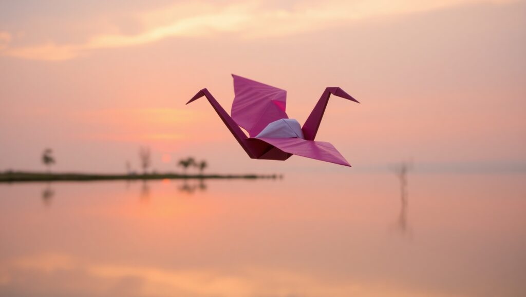 Crane in Flight at Sunset – free AI stock image