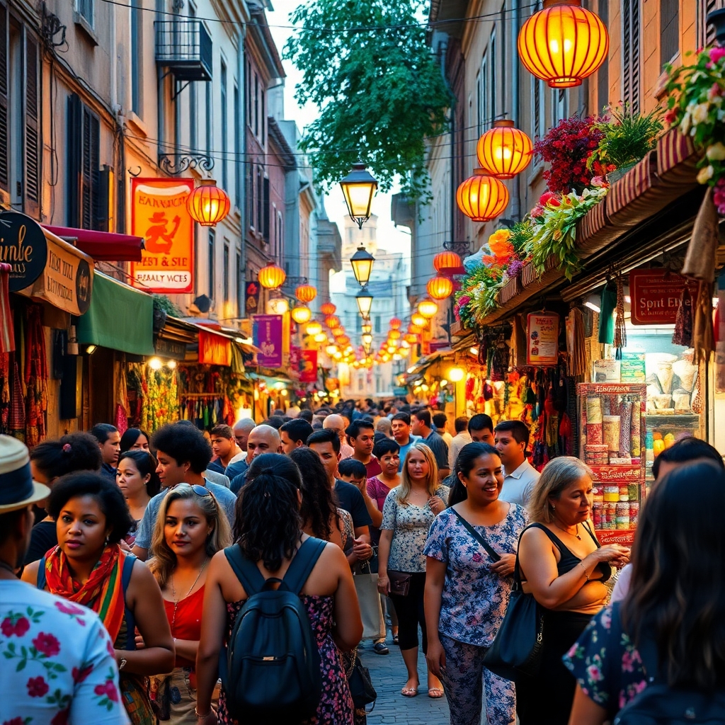 Crowded Street Market at Dusk – free AI stock image
