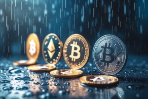 Cryptocurrency Symbols Under Raindrops – free AI stock image
