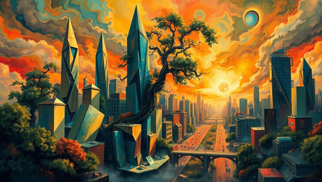 Cubist City Chaos Unveiled – free AI stock image