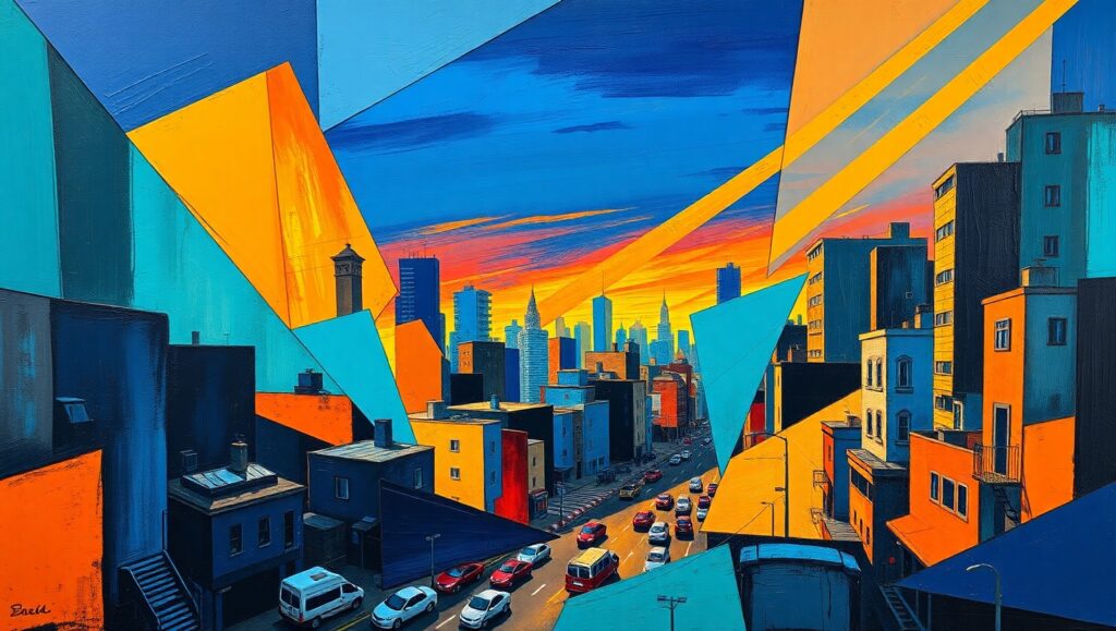Cubist Cityscape at Dusk – free AI stock image