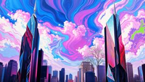Cubist Cityscape in Bold Colors – free AI stock image