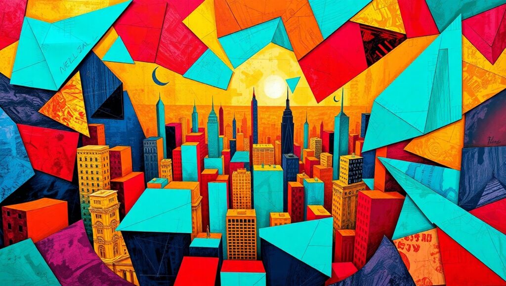 Cubist Cityscape in Motion – free AI stock image