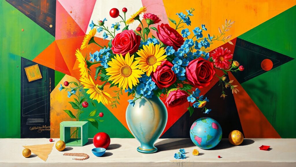 Cubist Still Life with Vibrant Flowers – free AI stock image