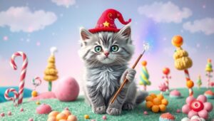 Cute Kitten Wizard in Fantasy Land – free AI stock image