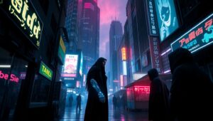 Cybernetic Alley Negotiations – free AI stock image