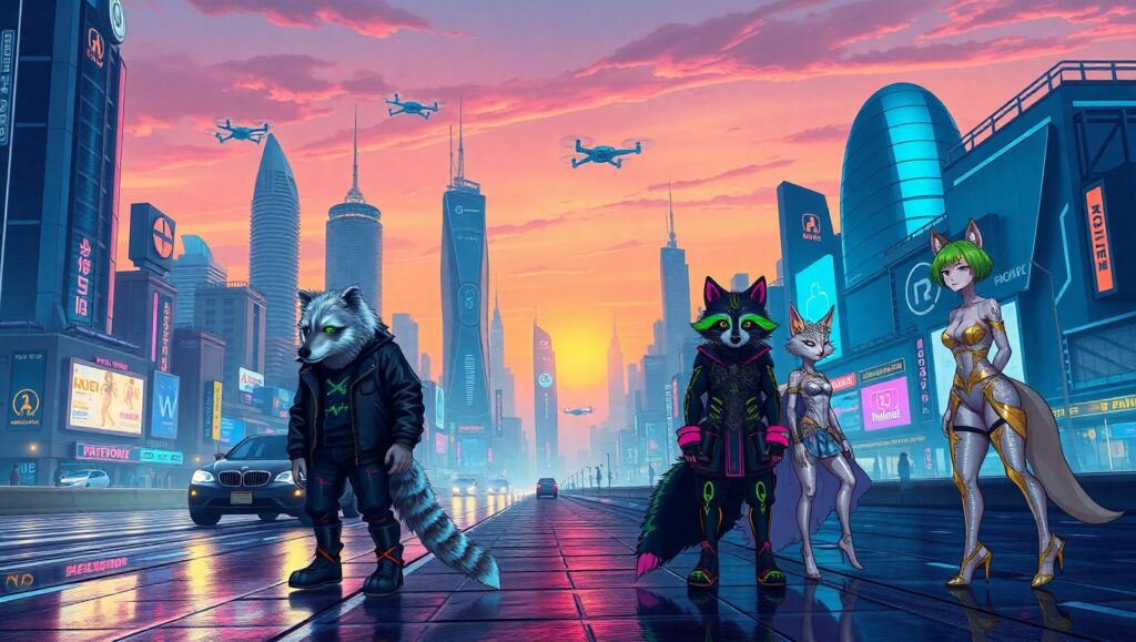 Cyberpunk Animals at Sunset – free AI stock image