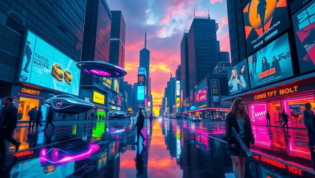 Cyberpunk Dusk in Neon City – free AI stock image