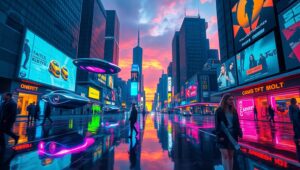 Cyberpunk Dusk in Neon City – free AI stock image