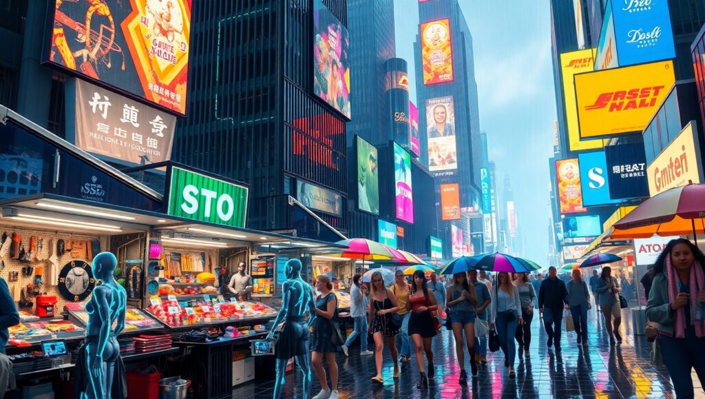 Cyberpunk Market Street Scene – free AI stock image