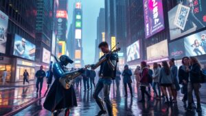 Cyborg Serenade in Neon – free AI stock image
