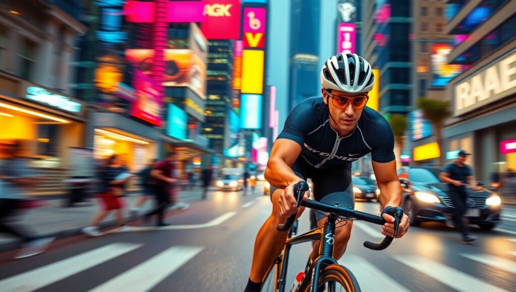 Cyclist in Motion Through Cityscape – free AI stock image