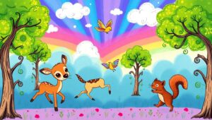 Dancing Animals in a Rainbow Forest – free AI stock image