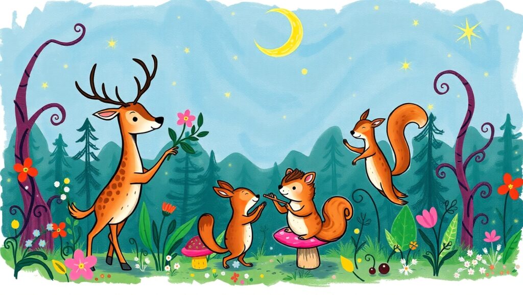 Dancing Animals in a Starry Forest – free AI stock image