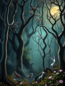 Dancing Shadows in a Dreamlike Forest – free AI stock image
