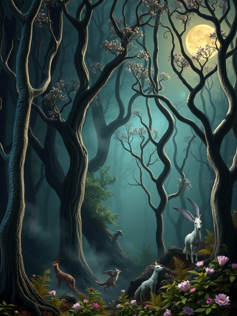 Dancing Shadows in a Dreamlike Forest – free AI stock image