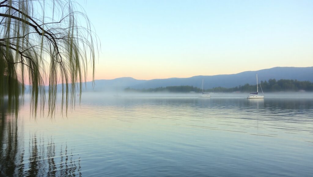 Dawn at the Tranquil Lake – free AI stock image
