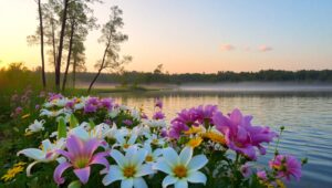 Dawn at the Tranquil Lakeside – free AI stock image