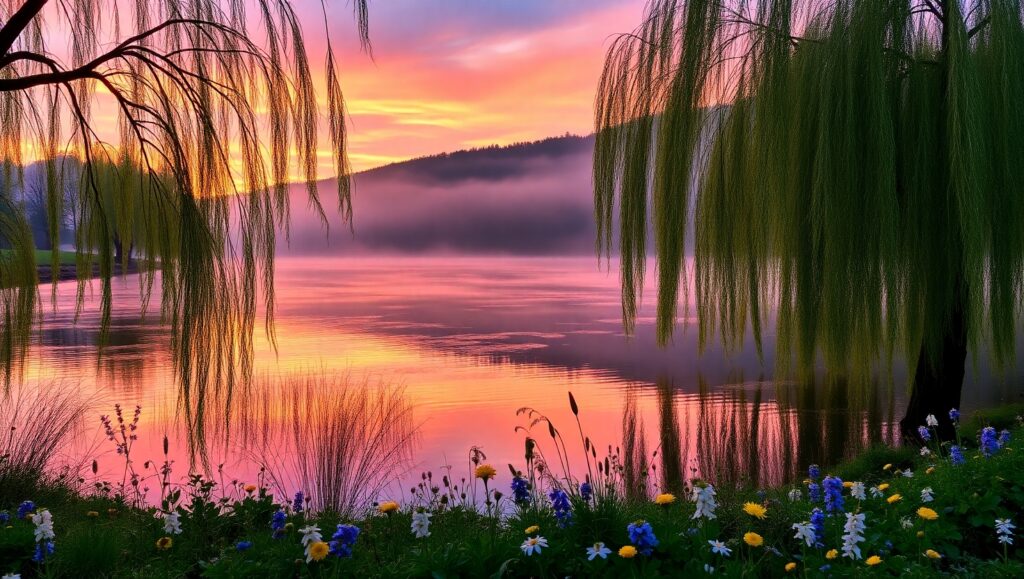 Dawn by the Serene Lakeside – free AI stock image