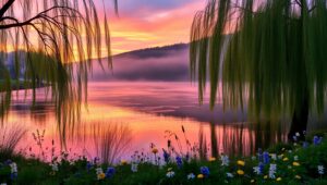 Dawn by the Serene Lakeside – free AI stock image