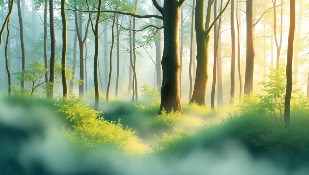 Dawn in a Misty Forest Grove – free AI stock image