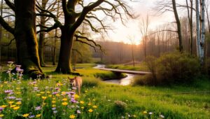 Dawn in a Serene Woodland – free AI stock image