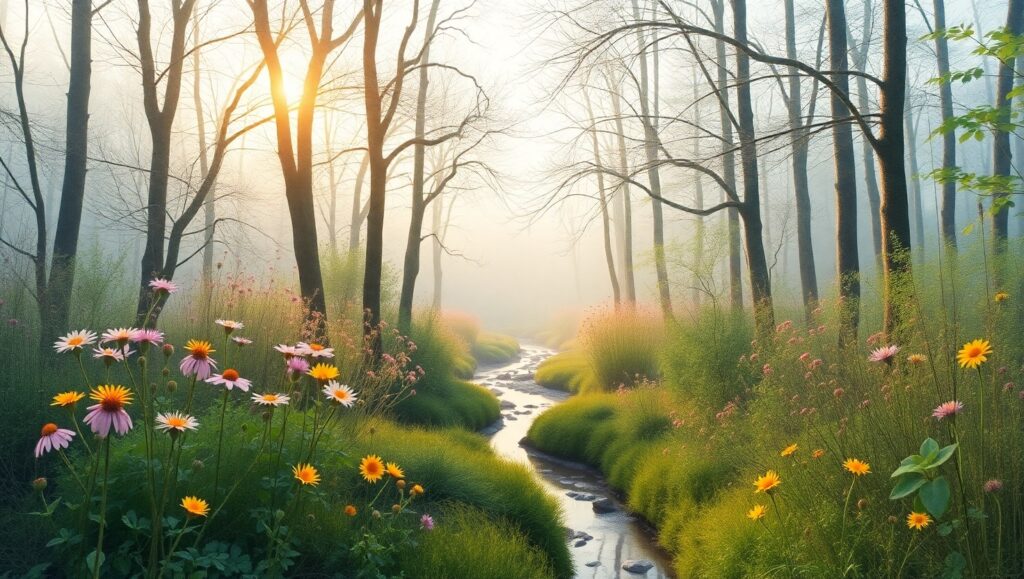 Dawn in the Misty Forest – free AI stock image