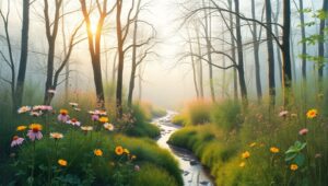 Dawn in the Misty Forest – free AI stock image