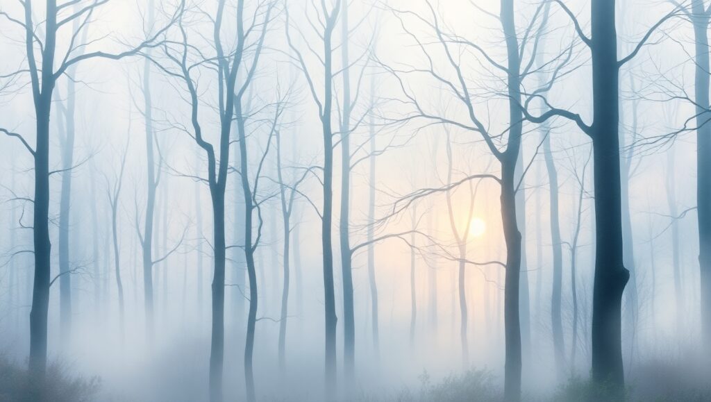 Dawn in the Misty Forest – free AI stock image