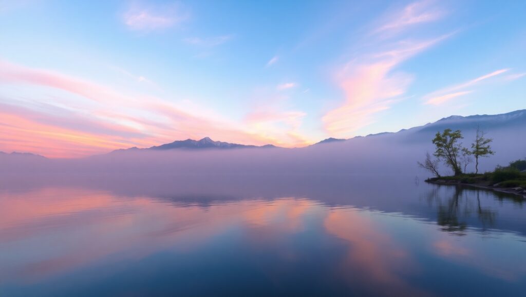 Dawn Reflections on Serene Lake – free AI stock image