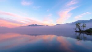 Dawn Reflections on Serene Lake – free AI stock image