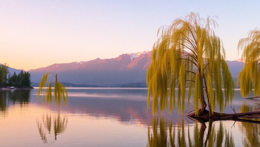 Dawn Serenity at the Lakeside – free AI stock image