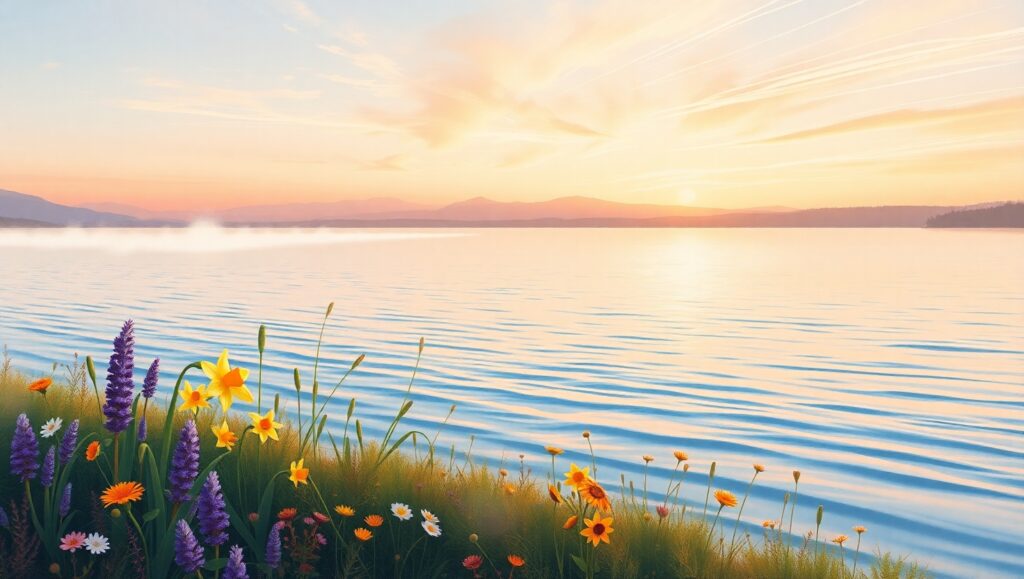 Dawn’s Embrace by the Lake – free AI stock image