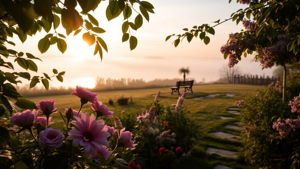 Dawn’s Embrace in the Garden – free AI stock image