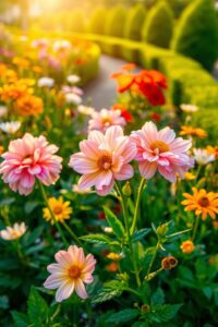 Delicate Blooms in a Sunlit Garden – free AI stock image
