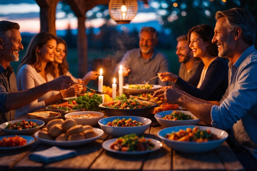 Delicious Family Dinner Around Rustic Table – free AI stock image