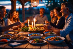 Delicious Family Dinner Around Rustic Table – free AI stock image