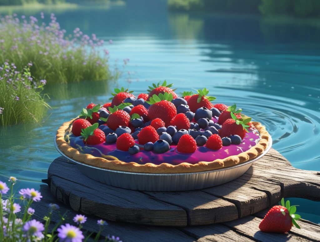 Delicious Fruit Pie on a Serene Lake – free AI stock image