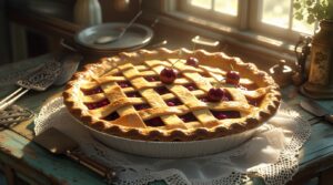 Delicious Vintage Pie on Antique Table – free AI stock image