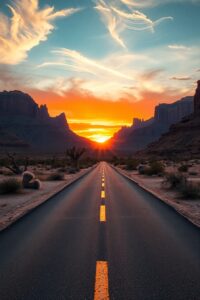 Desert Sunset Over Lonely Mountain Road – free AI stock image