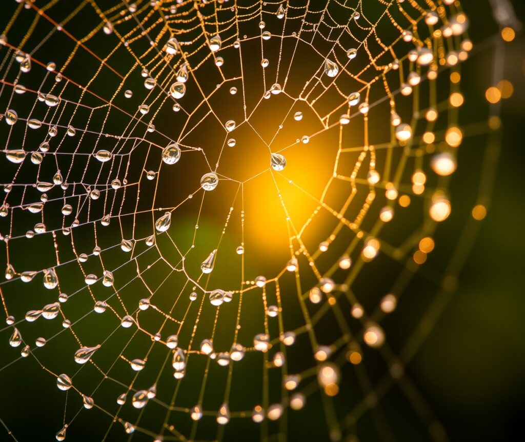 Dew-Laden Spider Web in Morning Light – free AI stock image