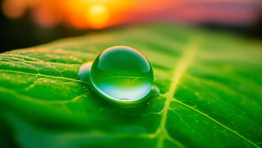 Dewdrop Reflection at Sunset – free AI stock image