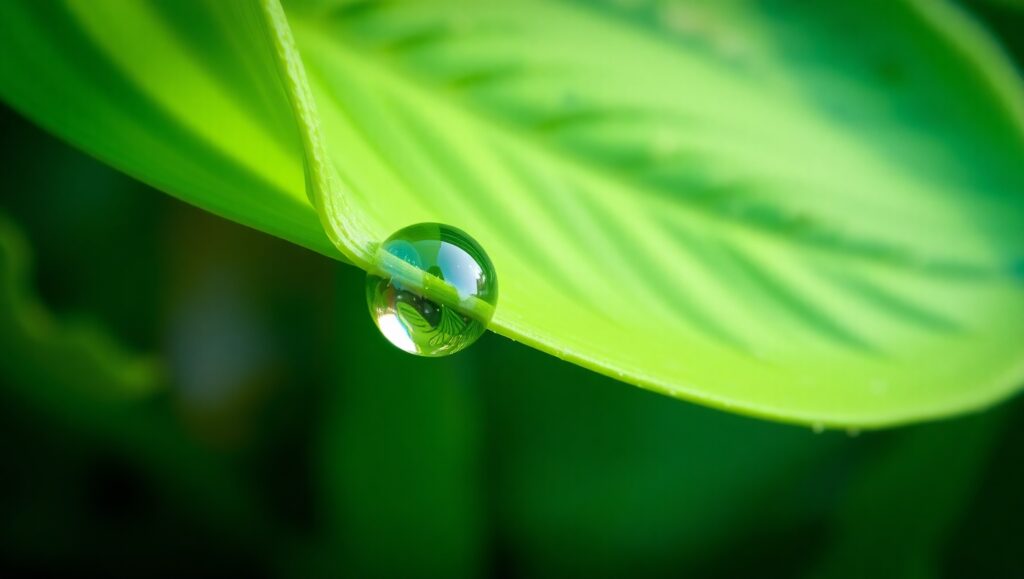 Dewdrop Reflection on Leaf – free AI stock image